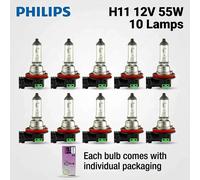 Philips 10 Lámparas Vision H11 12V 55W PGJ19-2, Faro Delantero Estándar para Automóvil, Lámpara Halógena Original para Auto, Luz Alta y Baja, ECE Genuino 12362CD