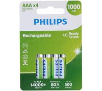 Philips 4 Pilas AAA HR03 - Pilas Recargables NiMH - 1000 mAh - 1,2 V - hasta 500 Recargas - Plata/Verde