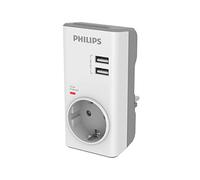 Philips Adaptador CHP4010W/10 - Adaptador de Enchufe, Cargador USB Integrado, 2 Puertos USB 2,4 A Máx, 1 Toma de Corrientes, Indicador LED de Alimentación, Protección de Sobrevoltaje - Color Blanco