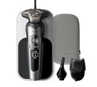 Philips Serie 9000 Prestige Afeitadora Eléctrica Hombre, Máquina de Afeitar Barba con Barbero, 72 cuchillas, 60min de uso, En Seco y Húmedo, Recargable, Base Carga QI, Naricero, SP9871/22, Cromo