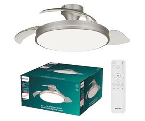 PHILIPS Atlas Plafón LED + Ventilador de Techo con Aspas Retráctiles Níquel | 3 Tonos de Luz Blanca, Mando Incluido, Flujo de Aire Intenso y Silencioso de 2 Direcciones, 6 Velocidades, Seguro y Estable