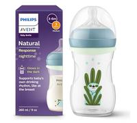 Philips Avent Biberón Philips Avent Natural Response Nighttime - 260 ml, con tetina de flujo medio (flujo 3) y accesorio de anillo luminoso, diseño de perezoso dormido, SCY903/81