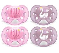 Philips AVENT Chupete ultra suave, 6-18 meses, diseños Hello Princess & Swan, paquete de 4, rosa y morado, SCF223/42