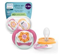 Philips Avent chupetes ultra air: diseño anatómico, para bebés de 6 a 18 meses, tetina simétrica de silicona suave, sin BPA, con estuche esterilizador, paquete de 2, SCF080/27