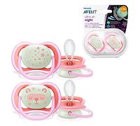 Philips Avent Chupetes Ultra Air Nocturno que brilla en la oscuridad, Tetina suave para 6-18 m, Con estuche de esterilización, Color Rosa/Verde (Estrella/Oso), 2 Unidades (Paquete de 1)