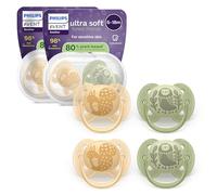 Philips Avent chupetes ultra soft: diseño anatómico, para bebés de 6 a 18 meses, escudo flexible, tetina simétrica de silicona, sin BPA, 2 fundas esterilizadoras, paquete de 4, SCF091/52