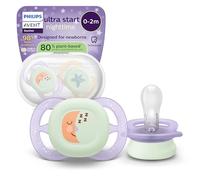 Philips Avent chupetes ultra start para la noche: diseño anatómico, para recién nacidos, brillo en la oscuridad, tetina simétrica de silicona suave, sin BPA, con estuche, paquete de 2, SCF075/17