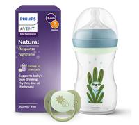 Philips Avent Pack Natural Response Nighttime - Biberón de 260 ml con tetina de flujo medio (flujo 3) y accesorio de anillo luminoso, chupete Ultra Soft Nighttime, SCD838/17