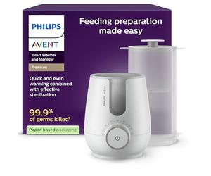 Philips Avent Premium calentador y esterilizador 2 en 1 con tecnología de baño de agua estándar de calidad hospitalaria, sensor de temperatura inteligente, prevención de zonas calientes, SCF359/00