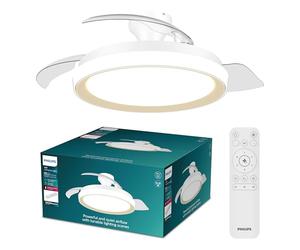 Philips Bliss Plafón LED + Ventilador de Techo con Aspas Retráctiles Dorado | 3 Tonos de Luz Blanca, Mando Incluido, Flujo de Aire Intenso y Silencioso de 2 Direcciones, 6 Velocidades, Seguro y Estable