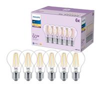 Philips Bombilla LED classic A60, 60 W, incolora, casquillo E27, blanco cálido 2700 K, pack de 6 bombillas