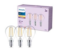 PHILIPS Bombilla LED classic P45, 40 W, incolora, casquillo E14, blanco cálido 2700 K, paquete de 3