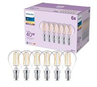 PHILIPS Bombilla LED classic P45, 40 W, incolora, casquillo E14, blanco cálido 2700 K, paquete de 6