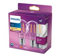 Philips - Bombilla LED cristal 40W estándar E27 luz blanca cálida, transparente, no regulable pack 2