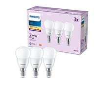 Philips - Bombilla LED esférica, 4.9W (Eq. 40W) 470 lúmenes, casquillo E14, Luz Blanca Cálida (2700k) - Pack 3 Bombillas