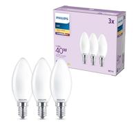 Philips Bombilla LED, Paquete de 3, B35, E14, 470 Lúmenes, 40 W, Diseño de Tipo Vela, Larga Duración, Luz Blanca Cálida 2700 K, Bombilla Mate