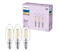 Philips Bombilla LED, Paquete de 3, B35, E14, 470 Lúmenes, 40 W, Diseño Tipo Vela, Larga Duración, Luz Blanca Cálida 2700 K, Bombilla Transparente