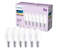 Philips Bombilla LED, Paquete de 6, B35, E14, 470 Lúmenes, 40 W, Diseño Tipo Vela, Larga Duración, Luz Blanca Cálida 2700 K, Bombilla Mate