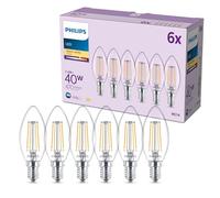 Philips Bombilla LED, Paquete de 6, B35, E14, 470 Lúmenes, 40 W, Diseño Tipo Vela, Larga Duración, Luz Blanca Cálida 2700 K, Bombilla Transparente