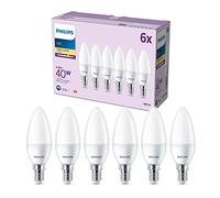 PHILIPS Bombilla LED Tipo Vela B35 E14 2700K 470lm 4.9W Blanca, Pack de 6 | Luz Blanca Cálida No Regulable, Mate, Protege los Ojos, 50% Menor Consumo, Sustituye Bombillas Incandescentes de 40W