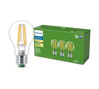 Philips Bombilla LED ultraeficiente con casquillo E27, 60 W, transparente, blanco cálido 2700 K, paquete de 3