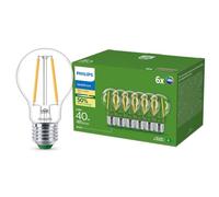 Philips Bombilla LED ultraeficiente con casquillo E27, 40 W, transparente, blanco cálido 2700 K, pack de 6 unidades