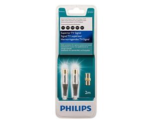 Philips Cable Coaxial TV HD 2 Metros - Cable Antena TV, Alta Definición, Forro de PVC flexible, Clavija Macho en Conector Hembra, Conectores Chapados en Oro 24K, Conexión Segura