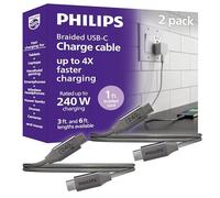 Philips Cable de carga USB-C a USB-C de 240 W, paquete de 2, cable para laptop y teléfono para MacBook Pro y Air, Windows, iPhone 17 Series, Samsung Galaxy, Google Pixel, Drone, cámara, SSD externo, 1