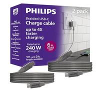 Philips Cable de carga USB-C a USB-C de 240 W, paquete de 2, cable para laptop y teléfono para MacBook Pro y Air, Windows, iPhone 17 Series, Samsung Galaxy, Google Pixel, Drone, cámara, SSD externo, 6
