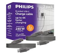 Philips Cable de carga USB-C a USB-C de 240 W, paquete de 2, cable para laptop y teléfono para MacBook Pro y Air, Windows, iPhone 17 Series, Samsung Galaxy, Google Pixel, Drone, cámara, SSD externo, 3