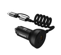Philips Cargador de Coche DLP4301B/04 - Cargador de Coche USB C 72W - Cargador de Coche USB C 2 Puertos con Lightning y Cable Tipo-C - Cargador de Coche USB Carga Rápida 12V-24V - Negro
