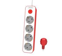 Philips CHP2145R - Regleta de 4 Enchufes, Bloqueo Alimentación, 1.500W, Cable Alimentación Trenzado 1.5 Metros Alta Resistencia, Cierre Seguridad (Indicador LED Prot) - Color Blanco/Rojo