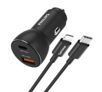 PHILIPS DLP2521L/00 - Cargador de Coche con Puertos USB-A y USB-C y Cable Lightning para iPhone - USB-C a Lightning 1 Metro - Negro