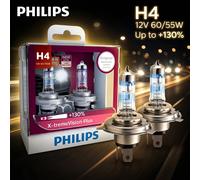 Philips H4 12V 60/55W X-tremeVisio Plus 3700K Luz Brillante con hasta un 130% de Mayor Luminosidad, Faro Delantero de Coche Halógeno Original 12342XV+