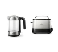 Philips Hervidora de cristal Serie 5000 HD9339/80 Hervidor de agua eléctrico de vidrio, diseño elegante, capacidad 1.7L + Daily HD2637/90 Tostador 950w, Doble Ranura, Color Negro, Inox