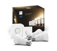 Philips Hue - Bombilla Inteligente, A60 E27, Luz Blanca Cálida regulable, 10.5W, Compatible con Alexa y Google Home - Pack de 3 Bombillas LED inteligentes + Botón Inteligente + Hue Bridge