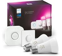 Philips Hue - Bombilla Inteligente, A60 E27, Luz Blanca y de Colores, 9W (Eq. 75W) 1100 lm, Compatible con Alexa y Google Home - Pack de 2 Bombillas LED inteligentes + Botón Inteligente + Hue Bridge