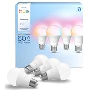 Philips Hue Essential - Bombilla Led Inteligente A60 Smart (4), luz blanca y colores, luminaria led E27 Base, 8 W, 2200 K-6500 K, 806 lm, regulable, compatible con Alexa, Google Assistant y Apple Home