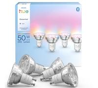 Philips Hue Essential Foco LED GU10, Bombilla LED Inteligente, Luz ambiente blanca y de colores, 4,7 W, 2200 K-6500 K, 345 lm, regulable, funciona con Alexa, Google Assistant y Apple Home, Pack de 4
