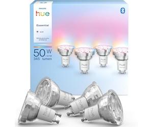 Philips Hue Spotlight Bulb GU10 Essential Smart LED, White and Color ambiance, 4,7 W, 2200 K-6500 K, 345 lúmenes, regulable, funciona con Alexa, Google Assistant y Apple Home, paquete de 4 unidades