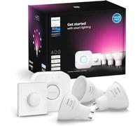 Philips Hue - Bombilla Inteligente, GU10, Luz Blanca y de Colores, 4.2 W, Compatible con Alexa y Google Home - Pack de 3 Bombillas LED inteligentes + Botón Inteligente + Hue Bridge