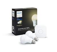 Philips Hue White - Set de inicio 2 bombillas LED E27 (2 x 9.5 W, (puente incluido), iluminación inteligente - luz blanca cálida regulable, compatible con Apple Homekit y Google Home)