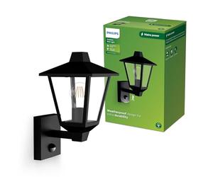 PHILIPS Kinno Aplique de pared con sensor de movimiento para exteriores, luz hacia arriba, Max 25W, casquillo E27, Negro