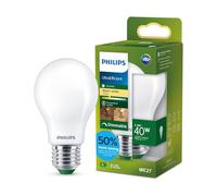 Philips LED Bombilla UltraEfficient Frosted A60, rosca E27 Edison, clase energética A, 485 lm, equivalente a 40 W, blanco cálido (2700 K), regulable, EyeComfort, 50.000 horas, 1 ud