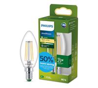 Philips LED Bombilla ultraeficiente transparente B35 de filamento de vela, rosca Edison pequeña E14, clase energética A, 252 lm, equivalente a 25 W, blanco cálido (2700 K),50.000 horas, 1 ud