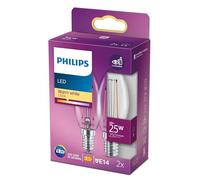 Philips LED Classic Bombilla, 25 W, Vela Filamento E14, Transparente, Luz Blanca Cálida, No Regulable, Pack de 2 Unidades