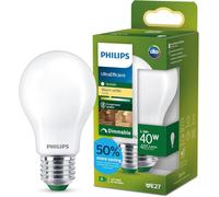 Philips LED Bombilla UltraEfficient Frosted A60, rosca E27 Edison, clase energética A, 485 lm, equivalente a 40 W, blanco cálido (2700 K), regulable, EyeComfort, 50.000 horas, 1 ud