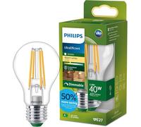 Philips LED UltraEfficient Bombilla de Filamento A60 E27, 40W equivalentes, Luz Blanca Cálida 2700K, 485lm, Regulable, EyeComfort, Vida útil de 50.000 horas, Clase energética A, Transparente, 1 ud