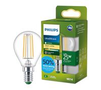 Philips LED UltraEfficient Bombilla de Filamento P45 E14, 25W equivalentes, Luz Blanca Cálida 2700K, 252lm, EyeComfort, Vida útil de 50.000 horas, Clase energética A, Transparente, 1 ud