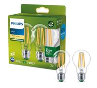 Philips Lighting Bombilla LED Ultraeficiente Filamento, 4 W Equivalente a 60 W, E27 A60, Luz Cálida 2700K, Eficiencia Energética A, Pack de 2 unidades